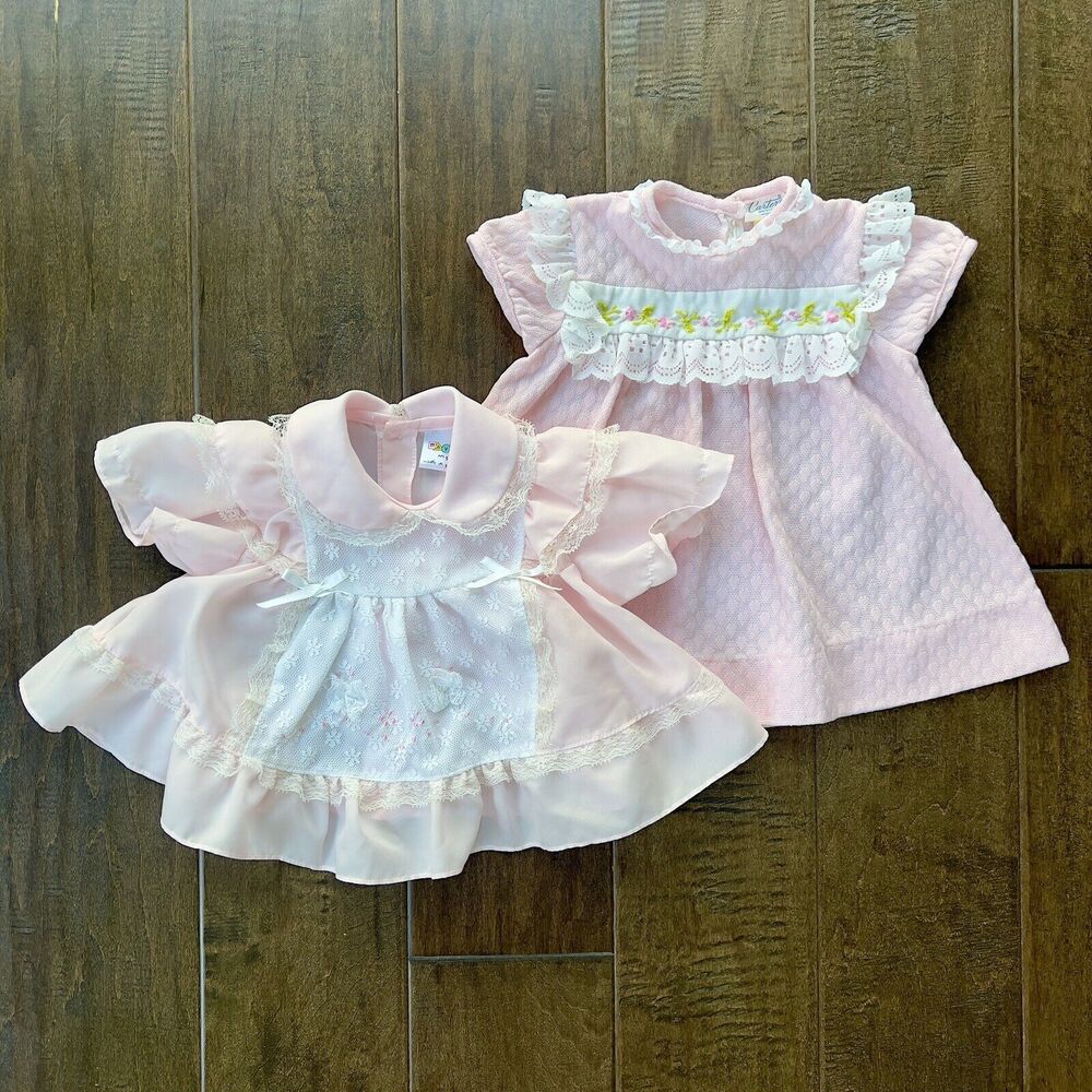 2 Vintage Baby Girl Dresses Pink 12M Cute Details & Lace Short Sleeve